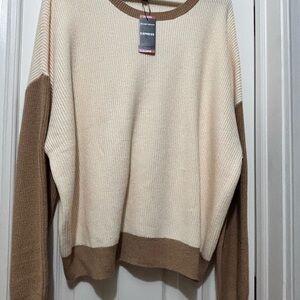 NWT Express Cream and Tan Crewneck Colorblock Sweater